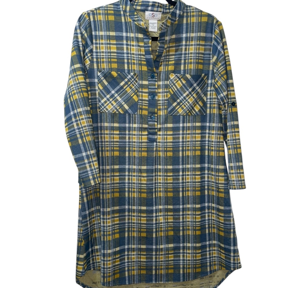 Women's OSO Casuals Soft Blue Yellow Tunic‎ Plaid Knit Long sleeve Dress Sz XS
